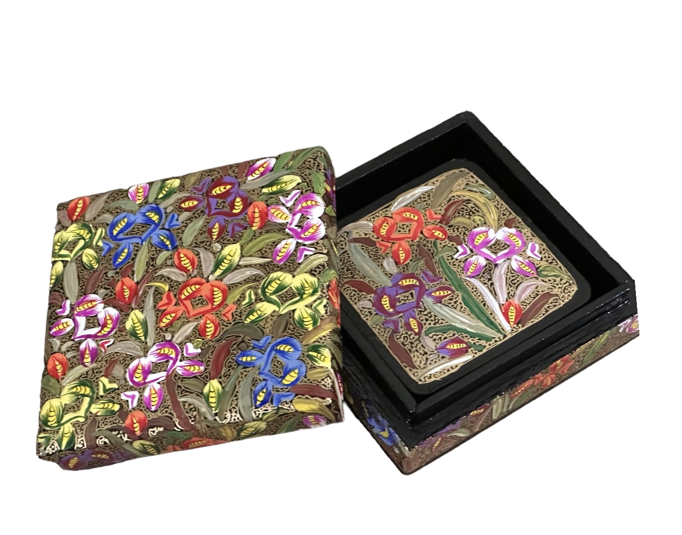 Hand Painted Kashmiri Paper Mache Decorative 6 Tea Coaster Set with Box
